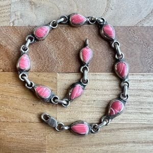 Vintage style 925 Sterling silver Pink Rhodocrosite gemstone linked bracelet